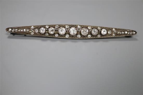 An early 20th century Russian? yellow and white metal, diamond set bar brooch, 65mm, gross 4.9 grams.